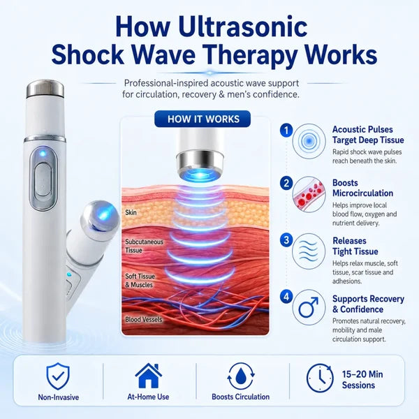 Advanced Acoustic Shockwave Therapy restores penile tissue health to enhance rise rigidity, stamina, and male performance confidence, relieving muscle pain, joint stiffness, tendon discomfort📈