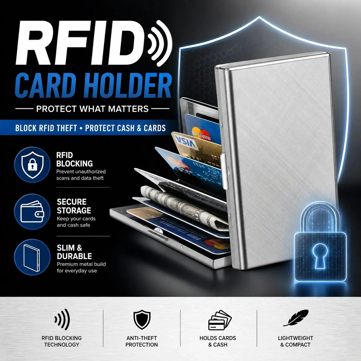 💳🔒 Slim RFID-Blocking Stainless Steel Card Holder – 6/10 Card Organizer