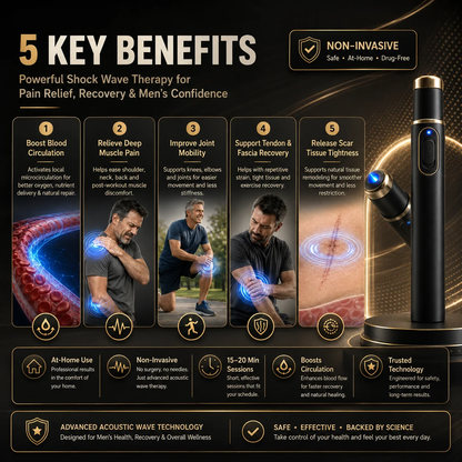 Advanced Acoustic Shockwave Therapy restores penile tissue health to enhance rise rigidity, stamina, and male performance confidence, relieving muscle pain, joint stiffness, tendon discomfort📈