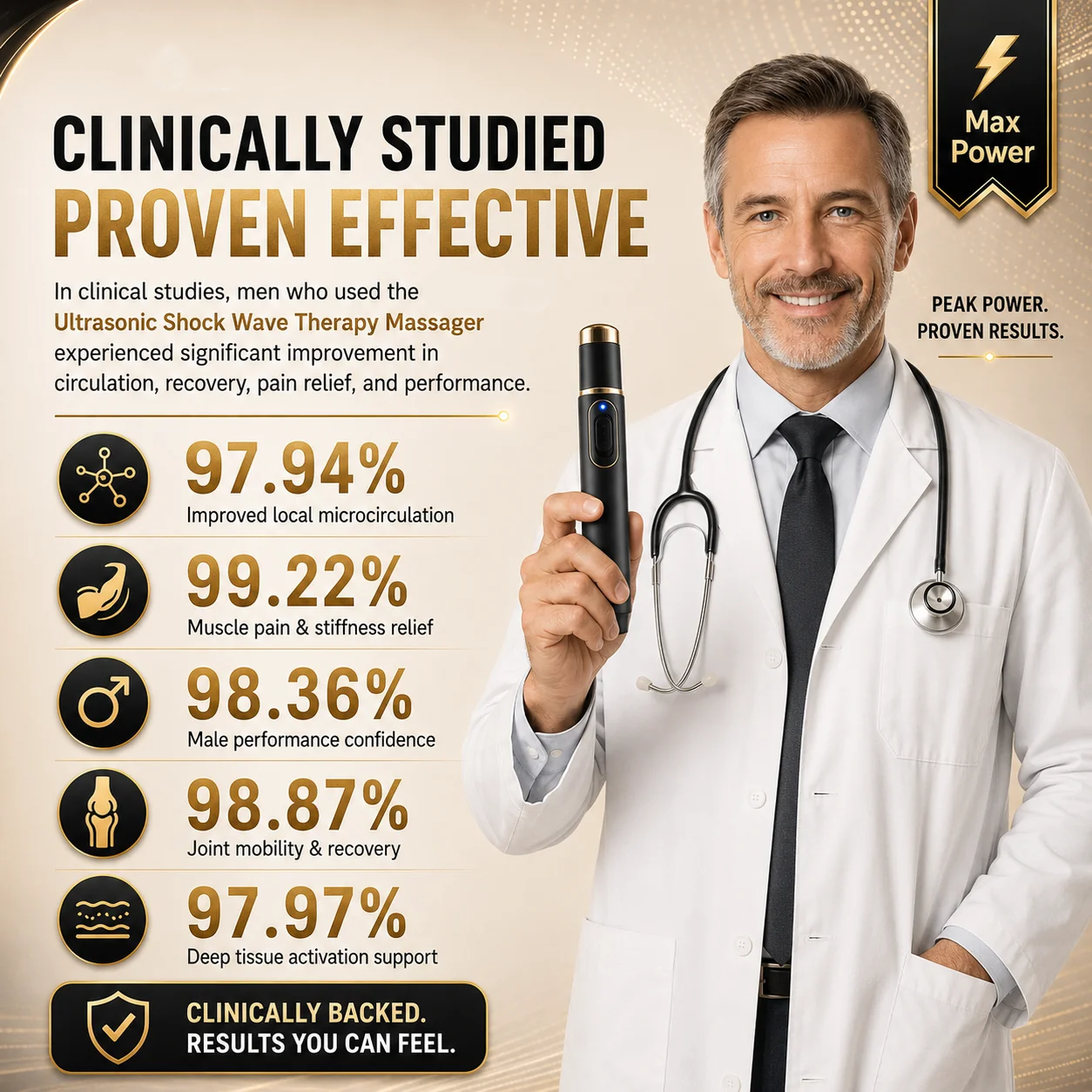 Advanced Acoustic Shockwave Therapy restores penile tissue health to enhance rise rigidity, stamina, and male performance confidence, relieving muscle pain, joint stiffness, tendon discomfort📈